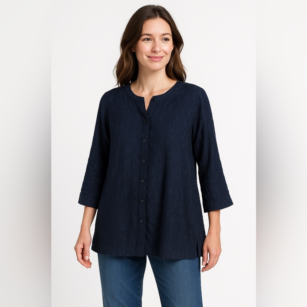 209 wst38 100% Linen Navy Blue Button Up Semi Sheer Tunic Top Sz 8 NWT